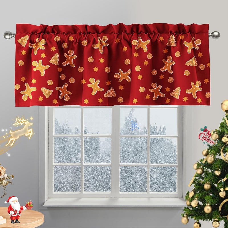 SUNWISHA Christmas Curtain Valances Set 52x18'' - Lively Gingerbread Men/Trees/Stars - Holiday Inspired Character Decor - Rod Pocket Kitchen/Bathroom/Laundry Winter Valances Red - Image 3